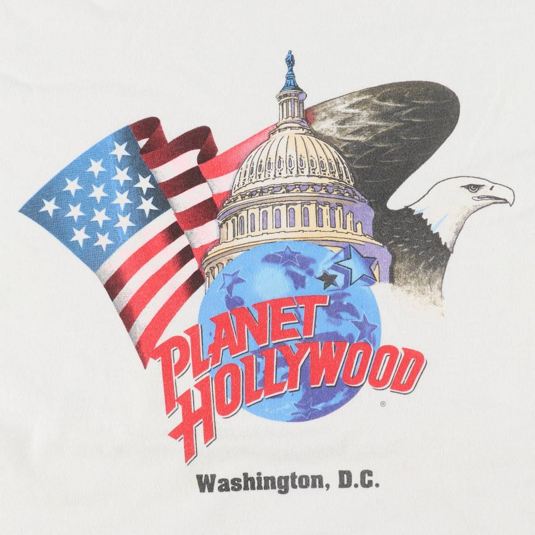90'S Planet Hollywood Eagle Pattern Stars and Stripes Advertising T-Shirt, Made in USA, Men's XL equivalent, Vintage cotton white type Vintage Second Hand