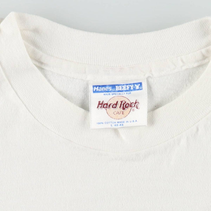 90'S Hanes BEEFY-T Hard Rock Cafe Advertising T-Shirt, Made in USA, Men's Size L (approx.), Vintage cotton white type Vintage Second Hand