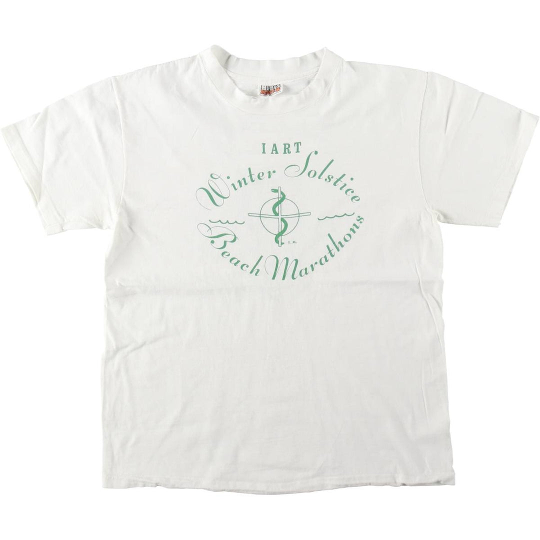 1970'S Hanes BEEFY-T Winter Solstice Beach Marathons Advertising T-Shirt, Made in USA, Men's Size L (approx.), Vintage cotton white type Vintage Second Hand