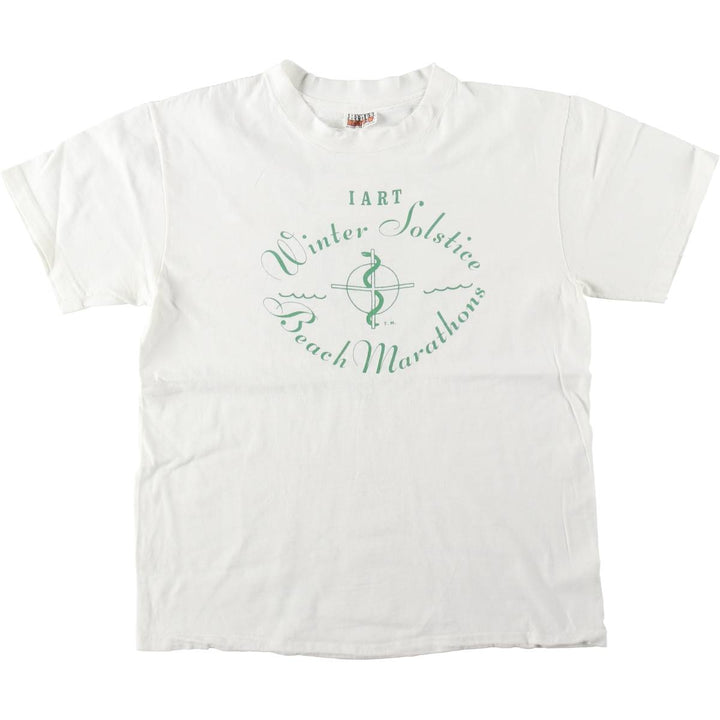 1970'S Hanes BEEFY-T Winter Solstice Beach Marathons Advertising T-Shirt, Made in USA, Men's Size L (approx.), Vintage cotton white type Vintage Second Hand