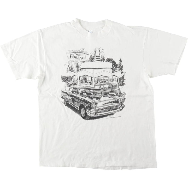 80'S Hanes BEEFY-T DINER IN THE FOREST advertising T-shirt, Made in USA, Men's size L equivalent, Vintage cotton white type Vintage Second Hand