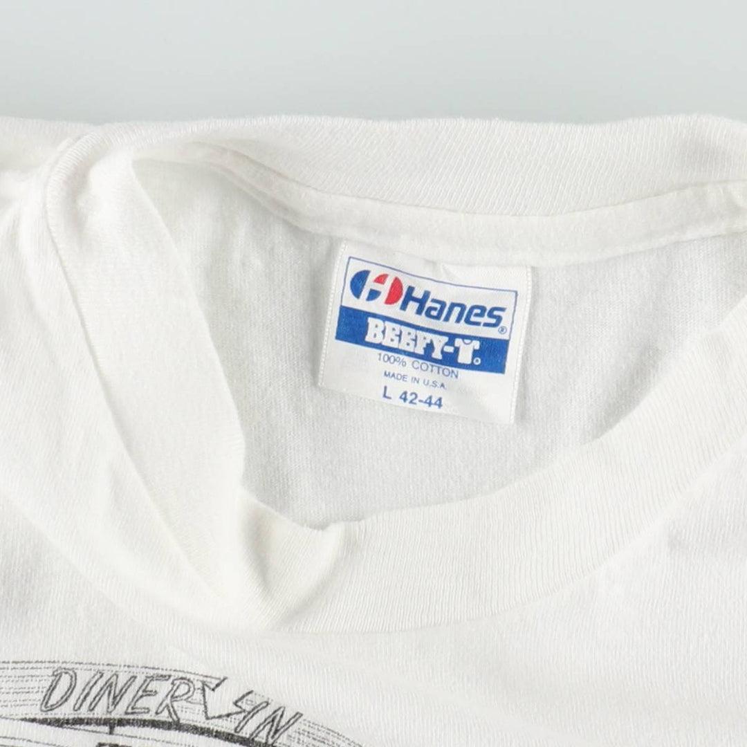 80'S Hanes BEEFY-T DINER IN THE FOREST advertising T-shirt, Made in USA, Men's size L equivalent, Vintage cotton white type Vintage Second Hand