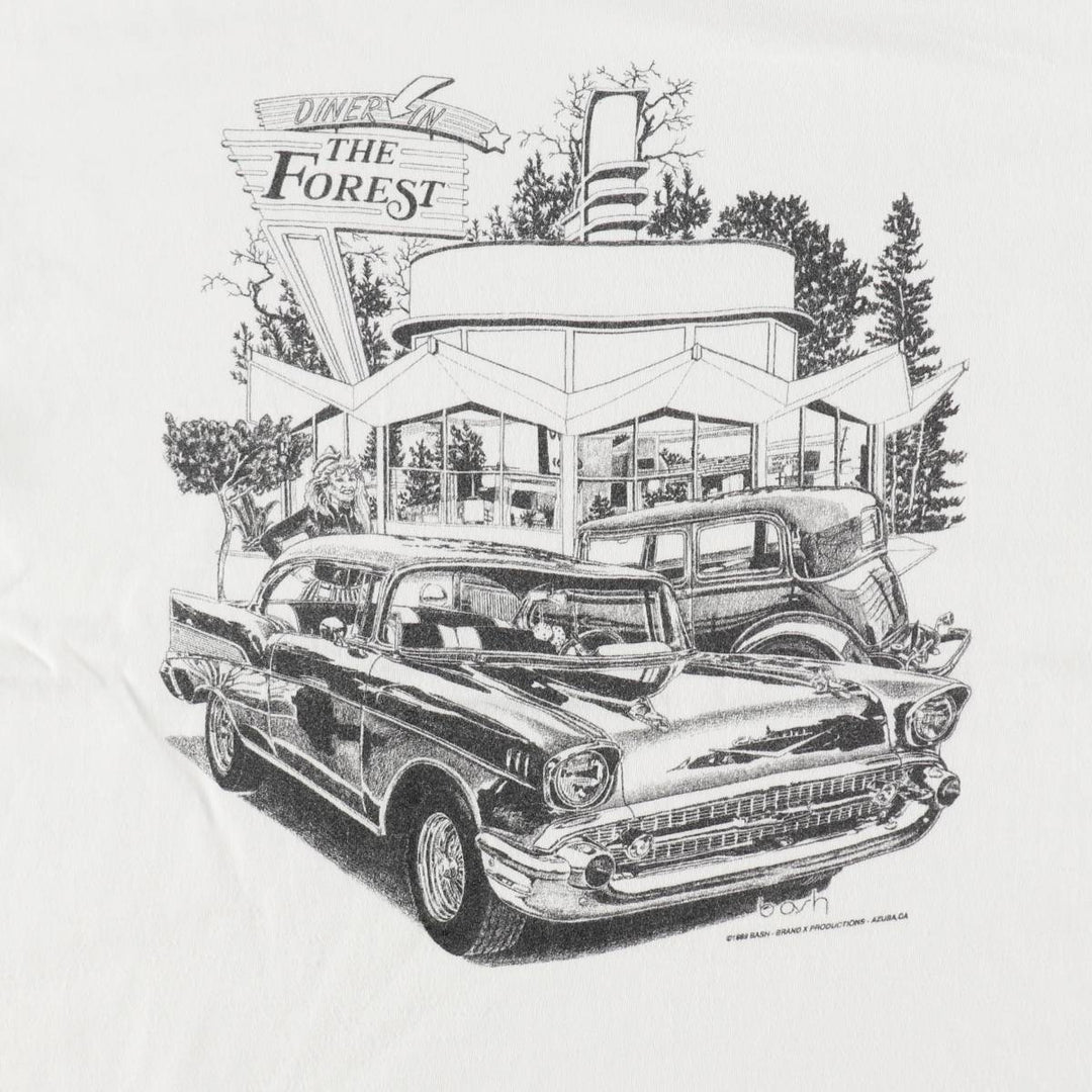 80'S Hanes BEEFY-T DINER IN THE FOREST advertising T-shirt, Made in USA, Men's size L equivalent, Vintage cotton white type Vintage Second Hand