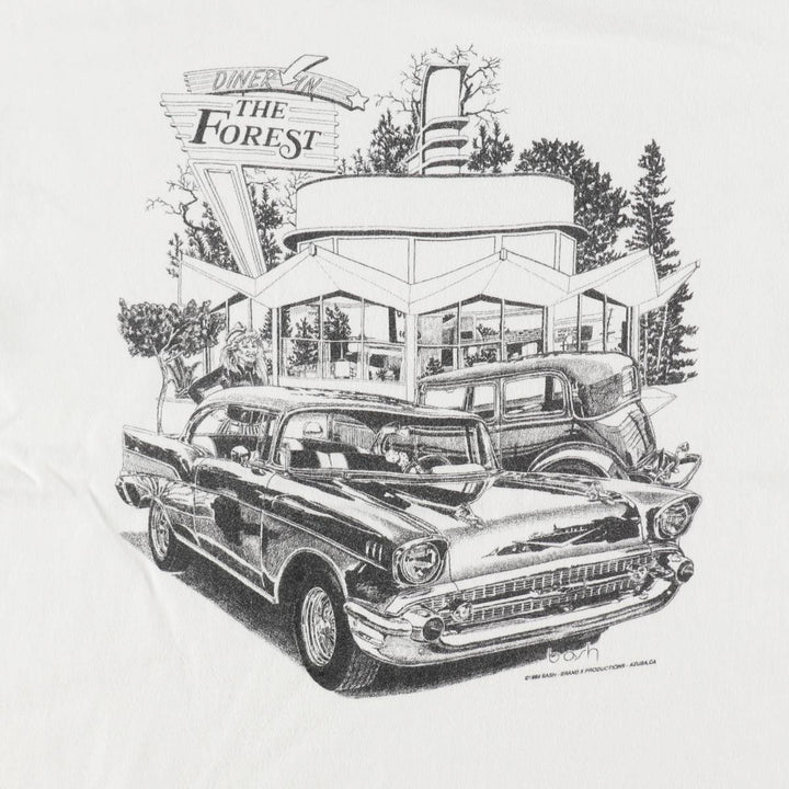 80'S Hanes BEEFY-T DINER IN THE FOREST advertising T-shirt, Made in USA, Men's size L equivalent, Vintage cotton white type Vintage Second Hand