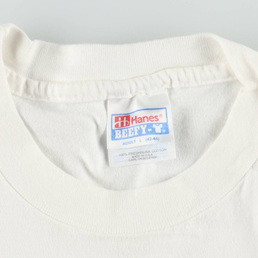 1980'S Hanes BEEFY-T Blue Tag Advertising T-Shirt, Made in USA, Men's Size L (approx.), Vintage cotton white type Vintage Second Hand