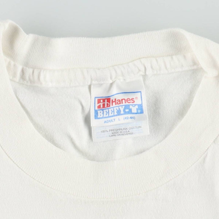 1980'S Hanes BEEFY-T Blue Tag Advertising T-Shirt, Made in USA, Men's Size L (approx.), Vintage cotton white type Vintage Second Hand