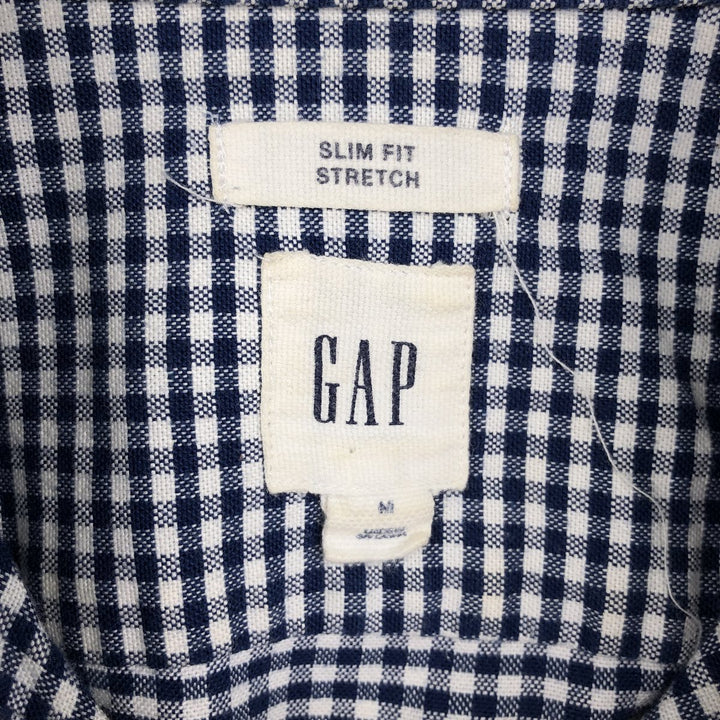 GAP Slim Fit Stretch Gingham Check Long Sleeve Button-Down Check Shirt (Men's Size M) cotton navy blue type Vintage Second Hand