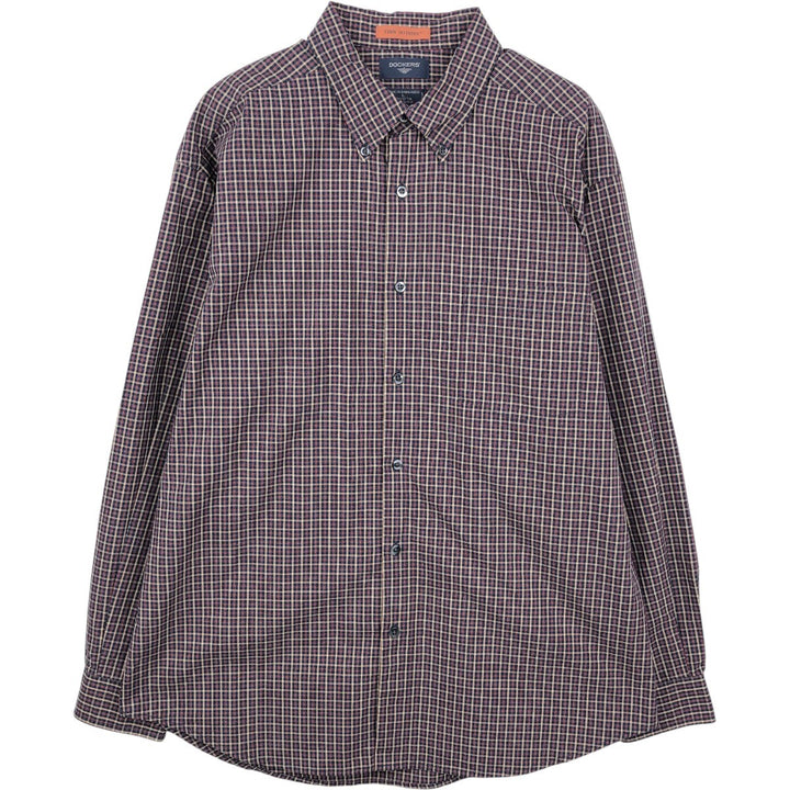 Dockers STAIN DEFENDER Long-Sleeve Button-Down Check Shirt, Men's Size L (approx.) cotton navy blue type Vintage Second Hand