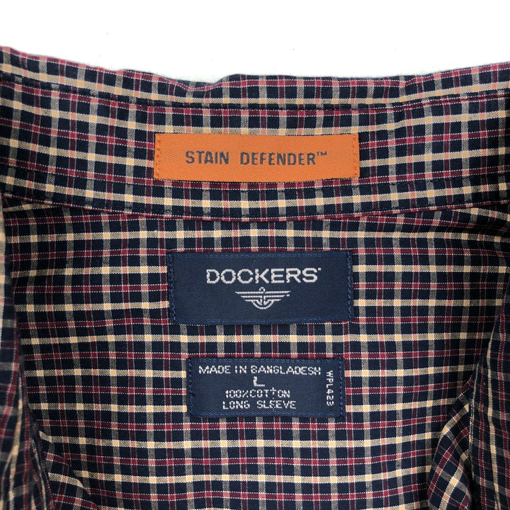 Dockers STAIN DEFENDER Long-Sleeve Button-Down Check Shirt, Men's Size L (approx.) cotton navy blue type Vintage Second Hand
