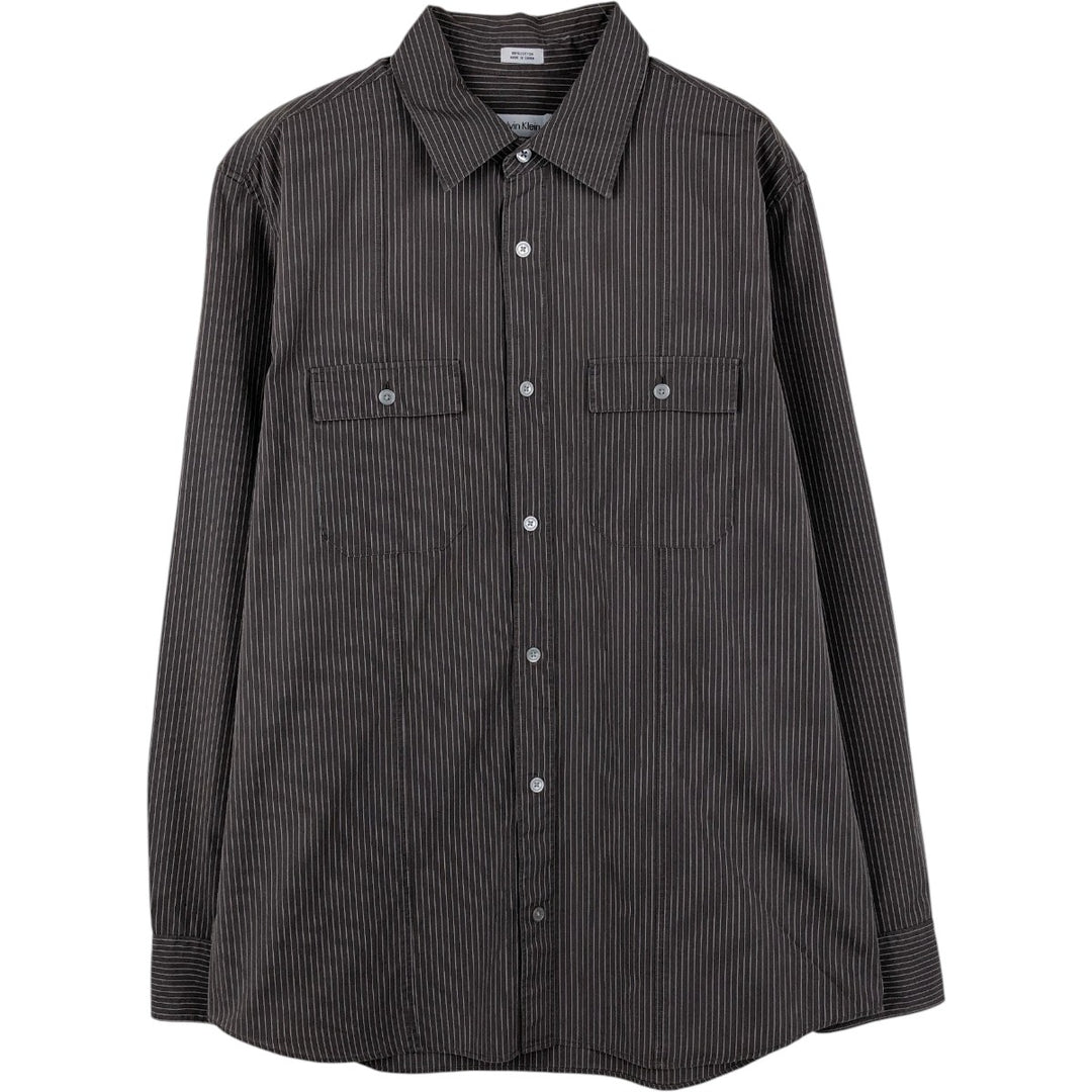 00s~ Calvin Klein Long Sleeve Cotton Striped Shirt Men's M Size cotton brown type Vintage Second Hand
