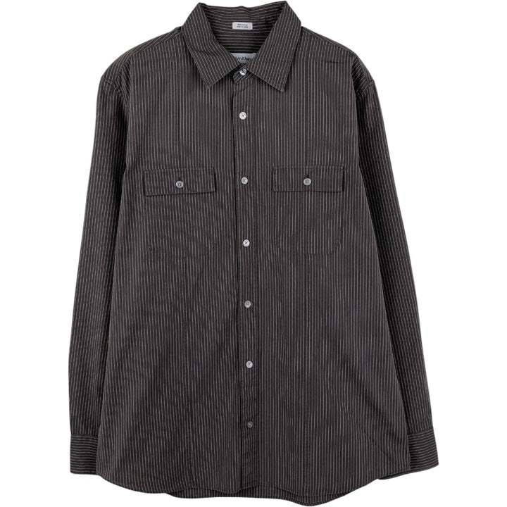00s~ Calvin Klein Long Sleeve Cotton Striped Shirt Men's M Size cotton brown type Vintage Second Hand