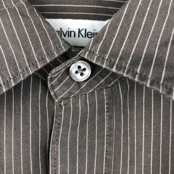 00s~ Calvin Klein Long Sleeve Cotton Striped Shirt Men's M Size cotton brown type Vintage Second Hand