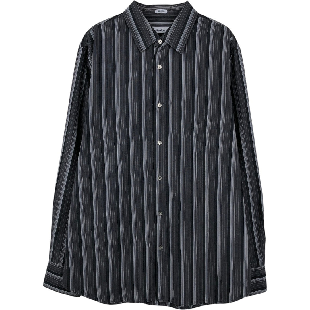 2000'S Calvin Klein Multi-stripe Long-Sleeve Cotton Stripe Shirt, Men's Size L (approx.) cotton Charcoal Vintage Second Hand