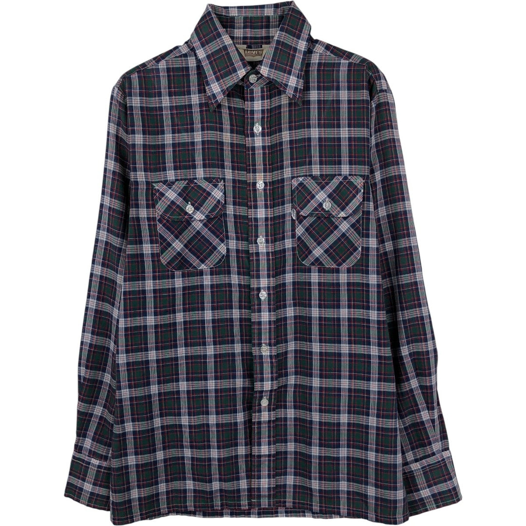 1970'S Levi's Big E Long-Sleeve Check Shirt, Men's Size M (Equivalent), Vintage polyester navy blue type Vintage Second Hand