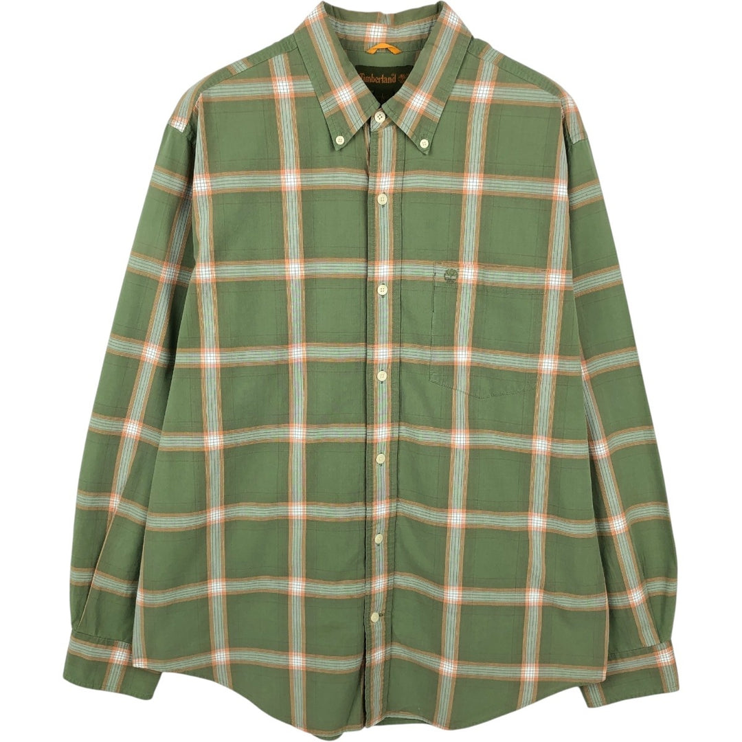 Vintage 90s-00'S Timberland long-sleeved button-down check shirt, men's size L cotton Khaki type Vintage Second Hand