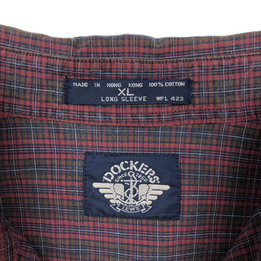90'S Dockers Long-Sleeve Button-Down Check Shirt, Men's Size XL (Equivalent), Vintage cotton red type Vintage Second Hand