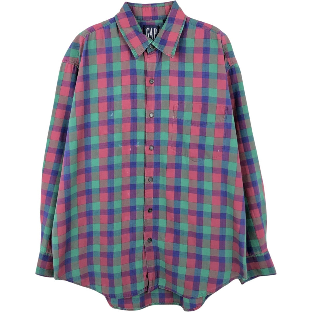 90'S GAP Vintage Long Sleeve Cotton Check Shirt, Men's Size L cotton green type Vintage Second Hand
