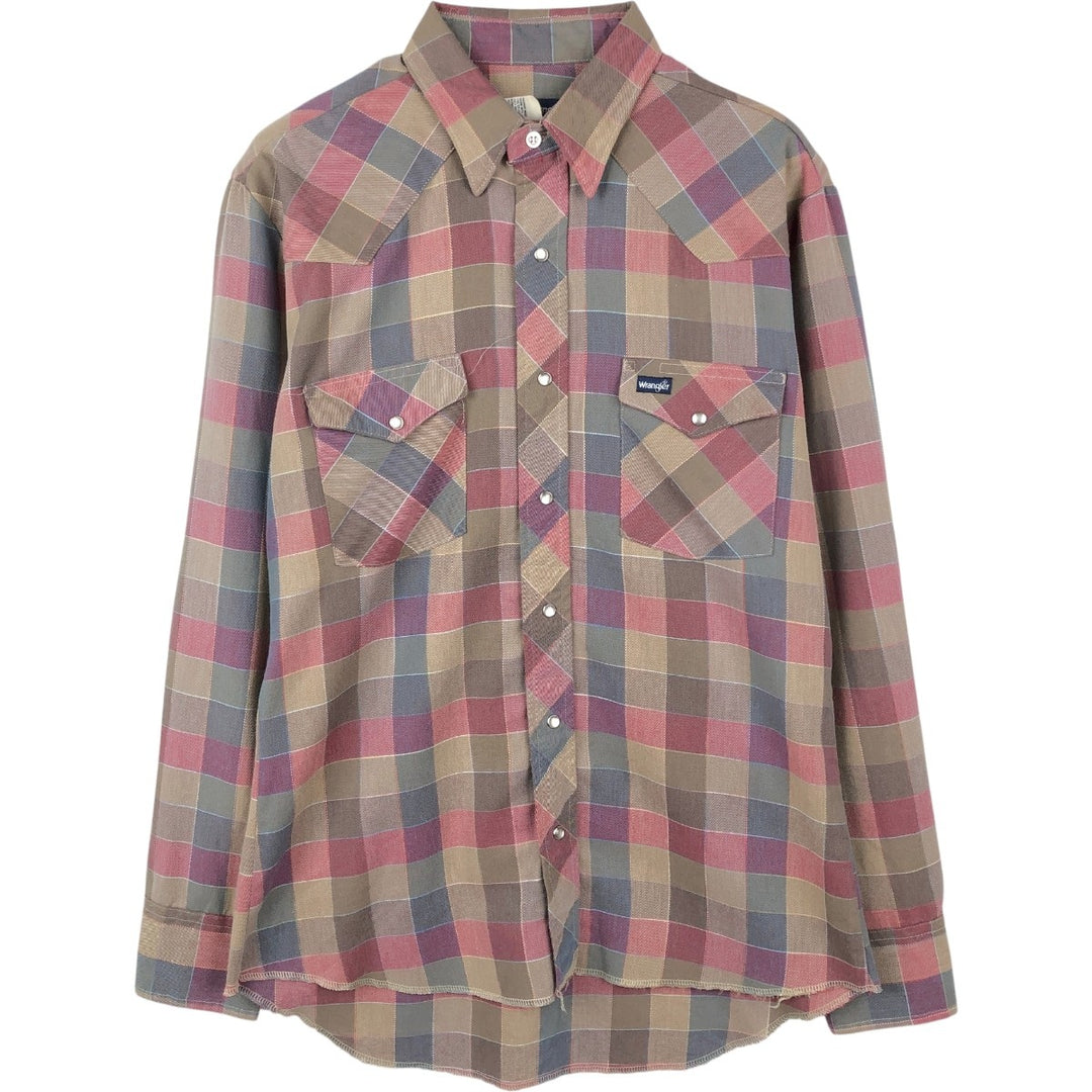 Wrangler Check Pattern Long Sleeve Western Shirt, Made in USA, Men's Size M (approx.) polyester brown type Vintage Second Hand