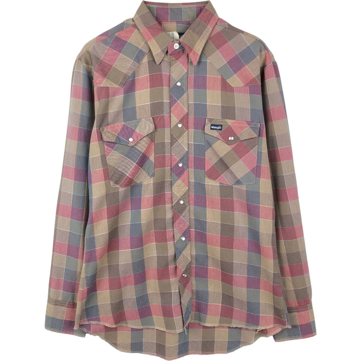 Wrangler Check Pattern Long Sleeve Western Shirt, Made in USA, Men's Size M (approx.) polyester brown type Vintage Second Hand