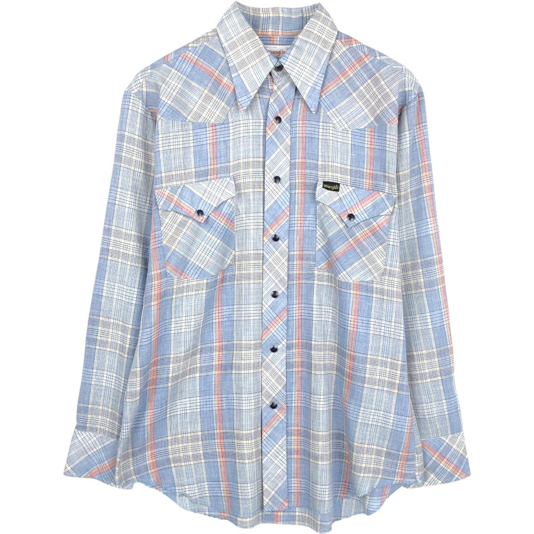 70s-80'S Wrangler Check Pattern Long-Sleeve Western Shirt, Made in USA, Men's Size M (Equivalent), Vintage unclear Blue type light blue Vintage Second Hand