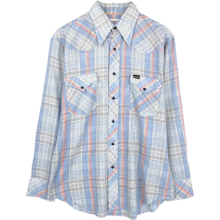 70s-80'S Wrangler Check Pattern Long-Sleeve Western Shirt, Made in USA, Men's Size M (Equivalent), Vintage unclear Blue type light blue Vintage Second Hand