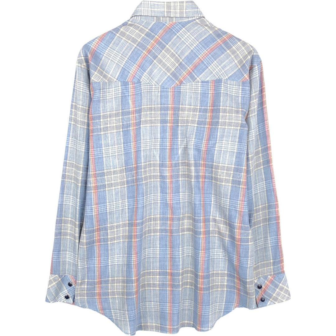 70s-80'S Wrangler Check Pattern Long-Sleeve Western Shirt, Made in USA, Men's Size M (Equivalent), Vintage unclear Blue type light blue Vintage Second Hand