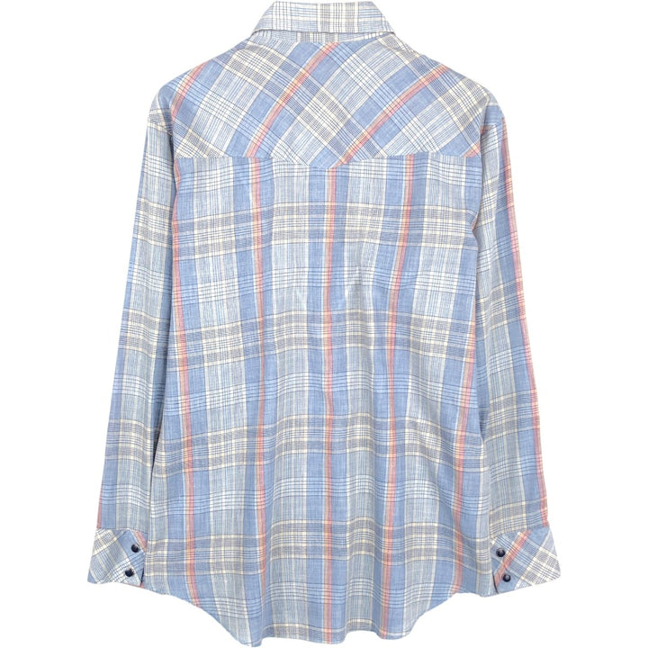 70s-80'S Wrangler Check Pattern Long-Sleeve Western Shirt, Made in USA, Men's Size M (Equivalent), Vintage unclear Blue type light blue Vintage Second Hand