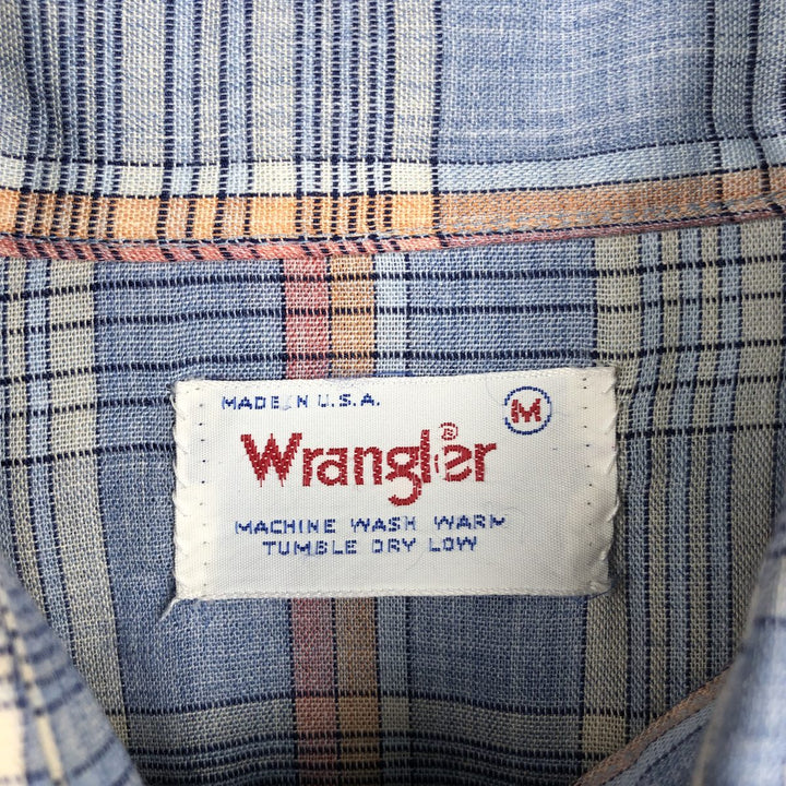 70s-80'S Wrangler Check Pattern Long-Sleeve Western Shirt, Made in USA, Men's Size M (Equivalent), Vintage unclear Blue type light blue Vintage Second Hand