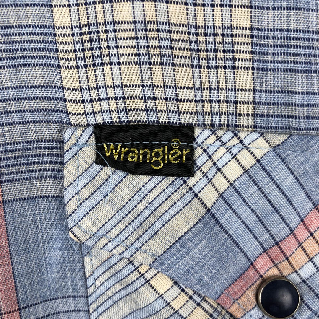 70s-80'S Wrangler Check Pattern Long-Sleeve Western Shirt, Made in USA, Men's Size M (Equivalent), Vintage unclear Blue type light blue Vintage Second Hand