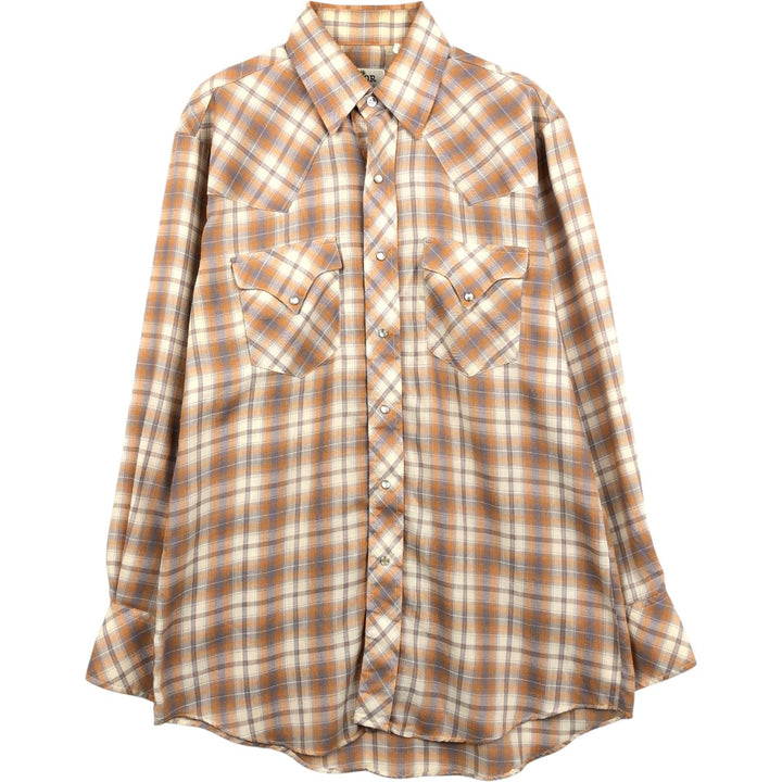 70s-era PRIOR check pattern long-sleeved Western shirt, made in USA, men's size L equivalent. polyester orange type Vintage Second Hand