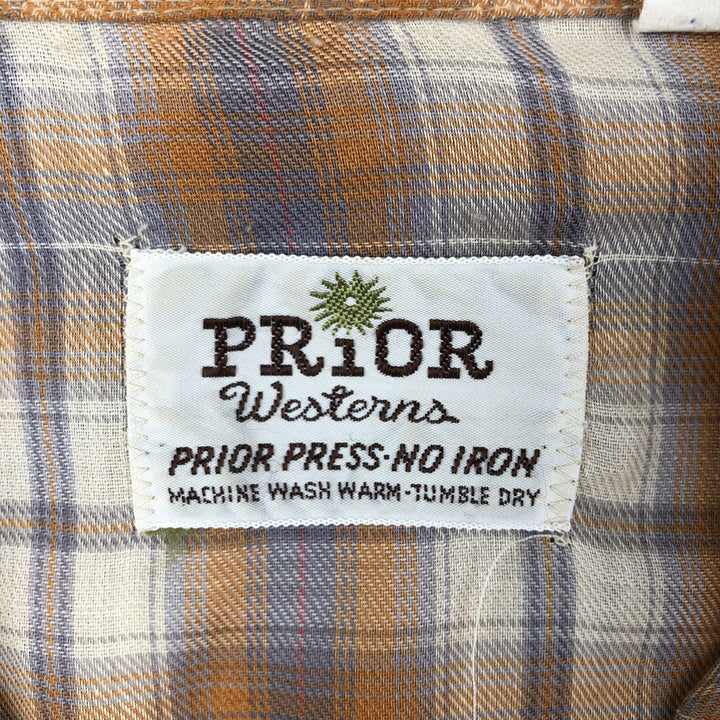 70s-era PRIOR check pattern long-sleeved Western shirt, made in USA, men's size L equivalent. polyester orange type Vintage Second Hand