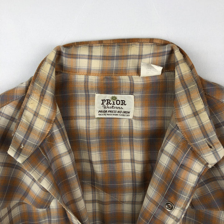 70s-era PRIOR check pattern long-sleeved Western shirt, made in USA, men's size L equivalent. polyester orange type Vintage Second Hand