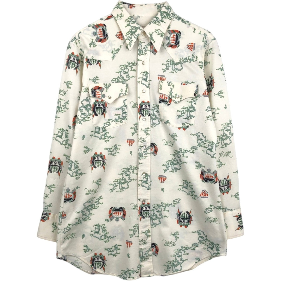 70s-80'S Lee All-Over Print Long-Sleeve Western Shirt, Made in USA, Men's Size M (Equivalent), Vintage unclear pale white type Vintage Second Hand