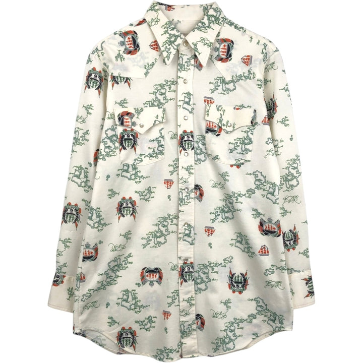 70s-80'S Lee All-Over Print Long-Sleeve Western Shirt, Made in USA, Men's Size M (Equivalent), Vintage unclear pale white type Vintage Second Hand