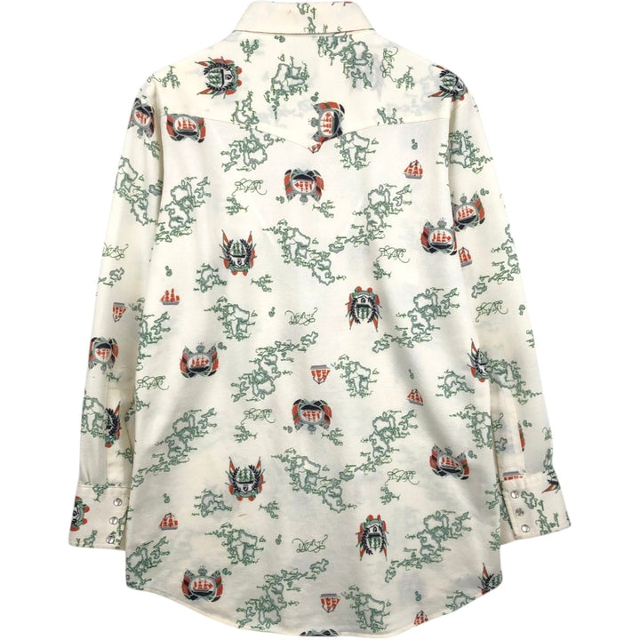 70s-80'S Lee All-Over Print Long-Sleeve Western Shirt, Made in USA, Men's Size M (Equivalent), Vintage unclear pale white type Vintage Second Hand