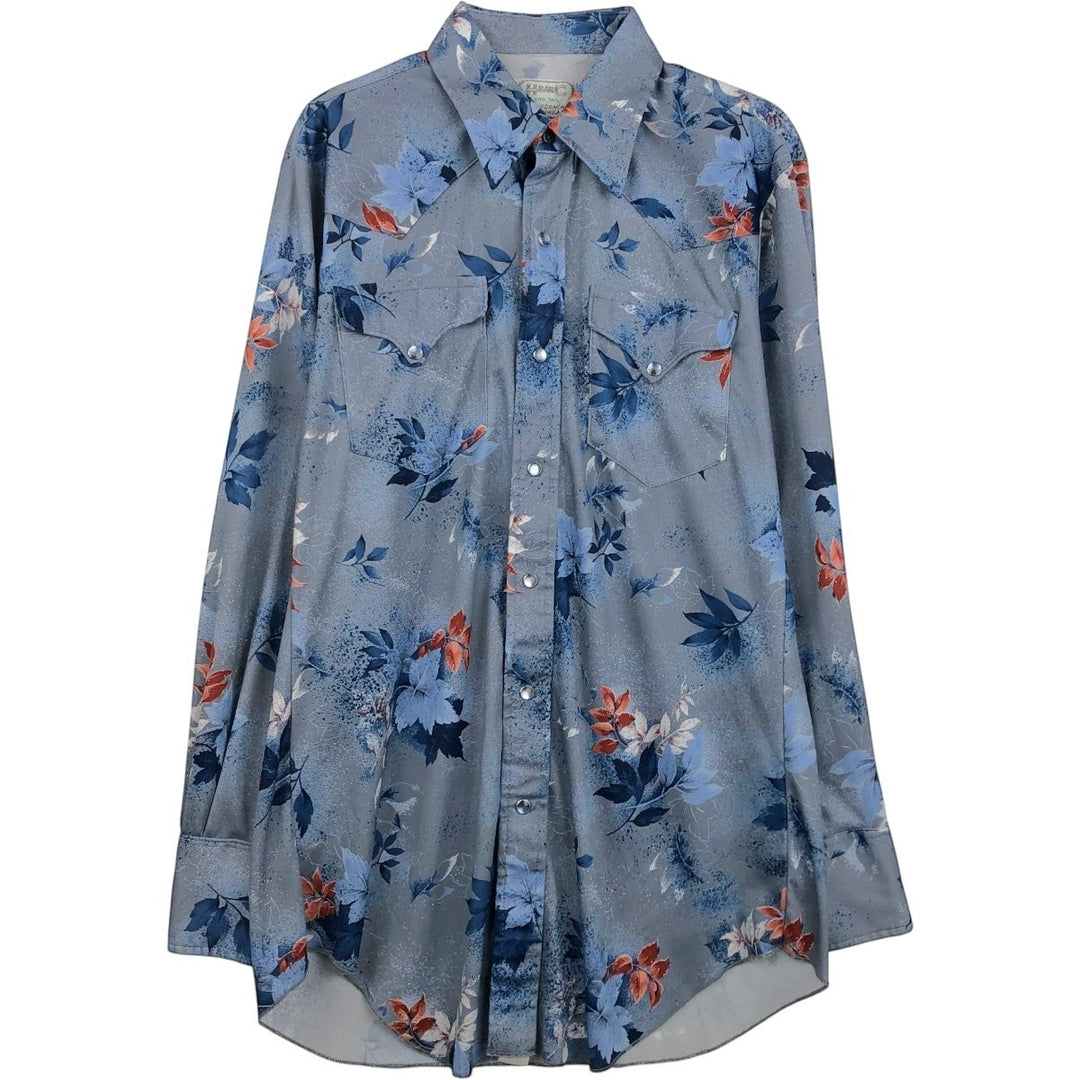 1970'S H BAR C All-over Leaf Pattern Long-Sleeve Western Shirt, Men's Size M (approx.), Vintage unclear blue type Vintage Second Hand