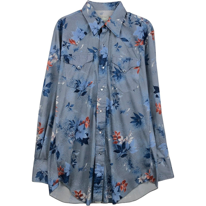1970'S H BAR C All-over Leaf Pattern Long-Sleeve Western Shirt, Men's Size M (approx.), Vintage unclear blue type Vintage Second Hand