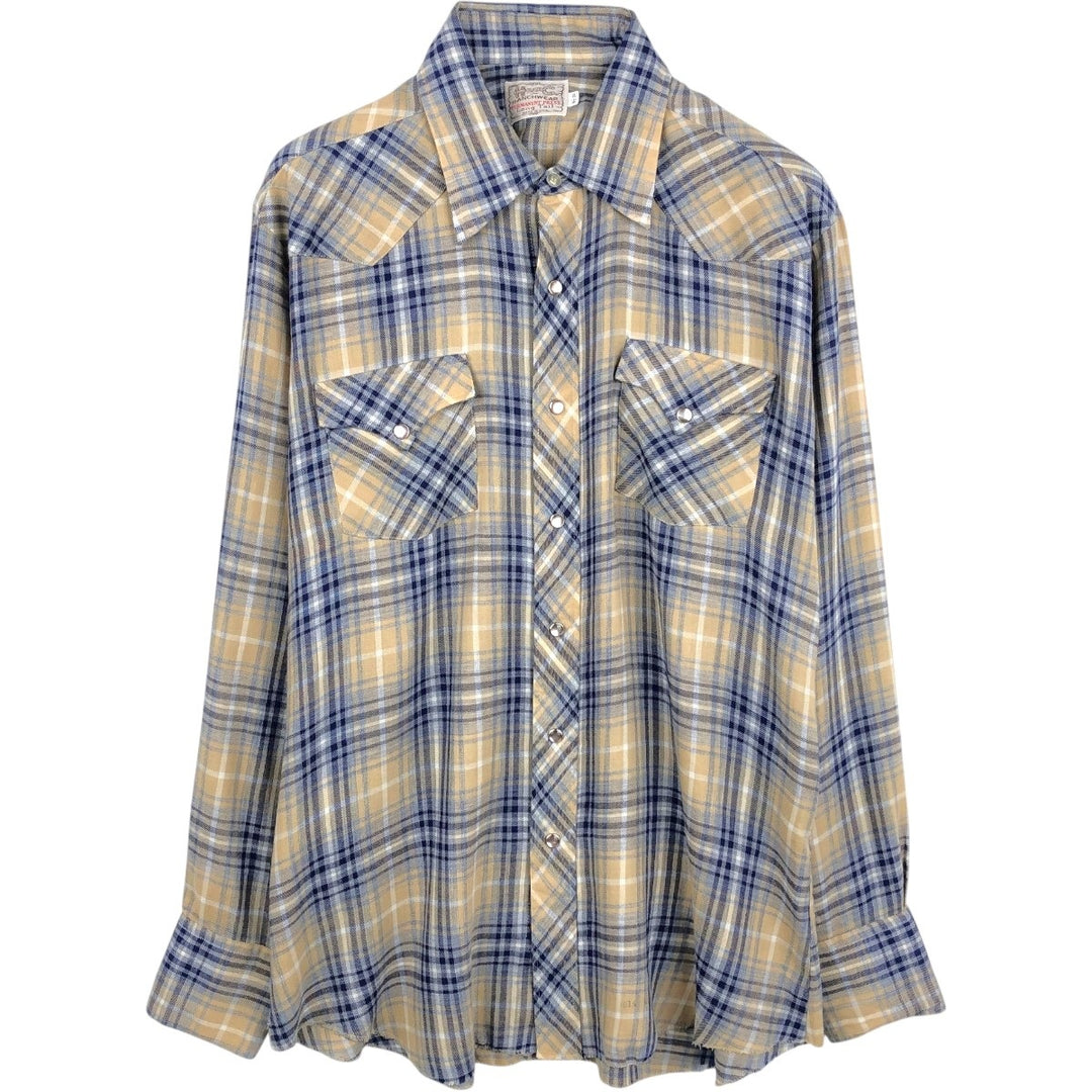 1970'S H BAR C Check Pattern Long-Sleeve Western Shirt, Made in USA, Men's Size L (Equivalent), Vintage unclear Beige type Vintage Second Hand