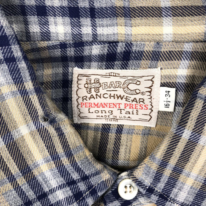 1970'S H BAR C Check Pattern Long-Sleeve Western Shirt, Made in USA, Men's Size L (Equivalent), Vintage unclear Beige type Vintage Second Hand
