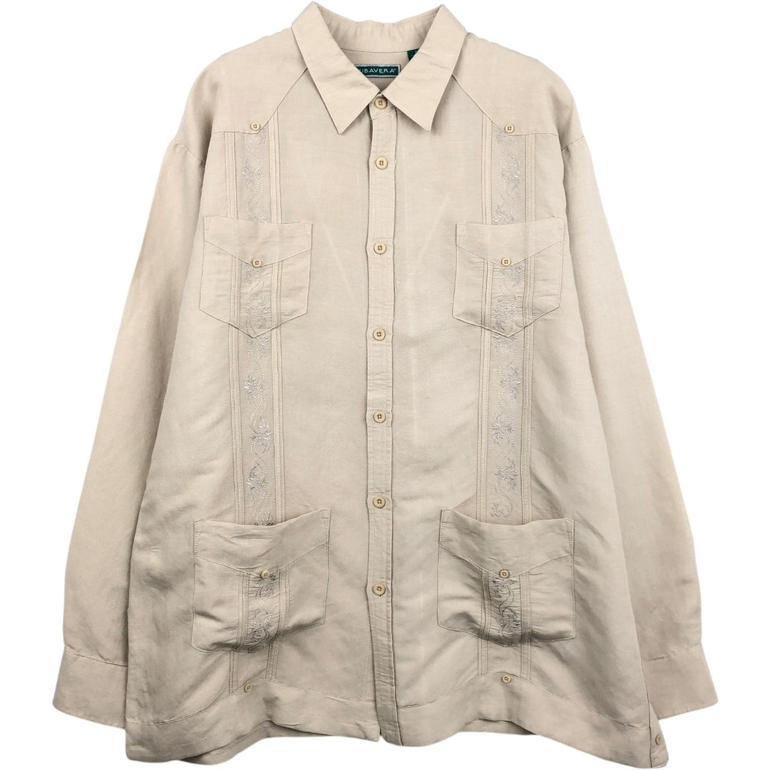 CUBAVERA Long-Sleeve Mexican Shirt, Cuban Shirt, Men's Size XL (Equivalent), Boxy Shirt Lamy Beige type Vintage Second Hand