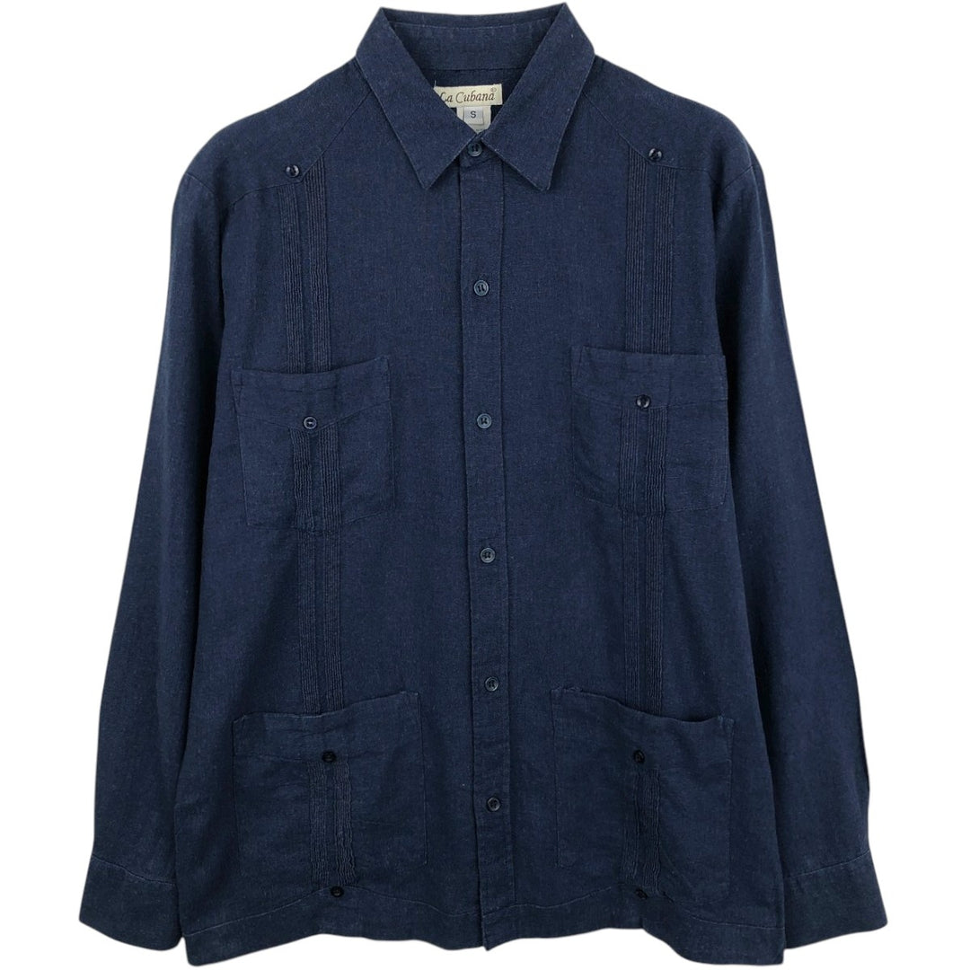 La Cubana Long-Sleeve Mexican Shirt, Cuban Shirt, Boxy Shirt, Men's Size S (approx.) linen navy blue type Vintage Second Hand