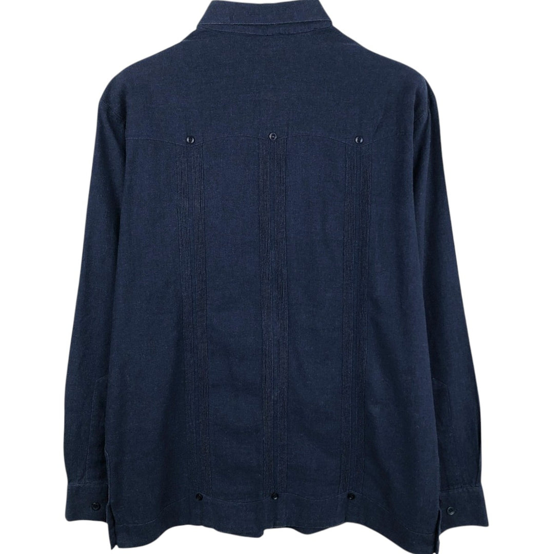 La Cubana Long-Sleeve Mexican Shirt, Cuban Shirt, Boxy Shirt, Men's Size S (approx.) linen navy blue type Vintage Second Hand