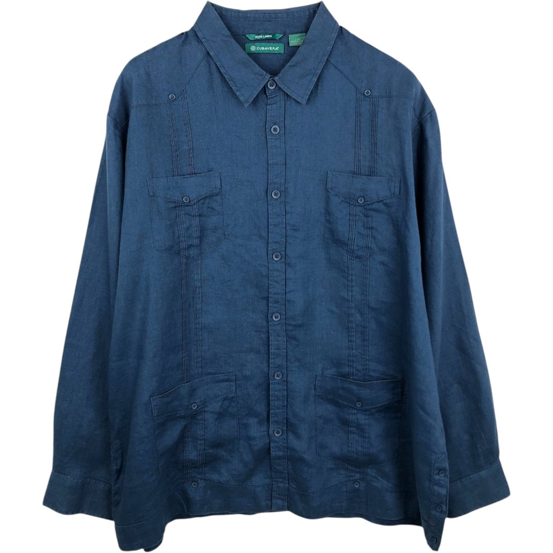 CUBAVERA Long-Sleeve Mexican Shirt, Cuban Shirt, Boxy Shirt, Men's Size L (approx.) linen navy blue type Vintage Second Hand