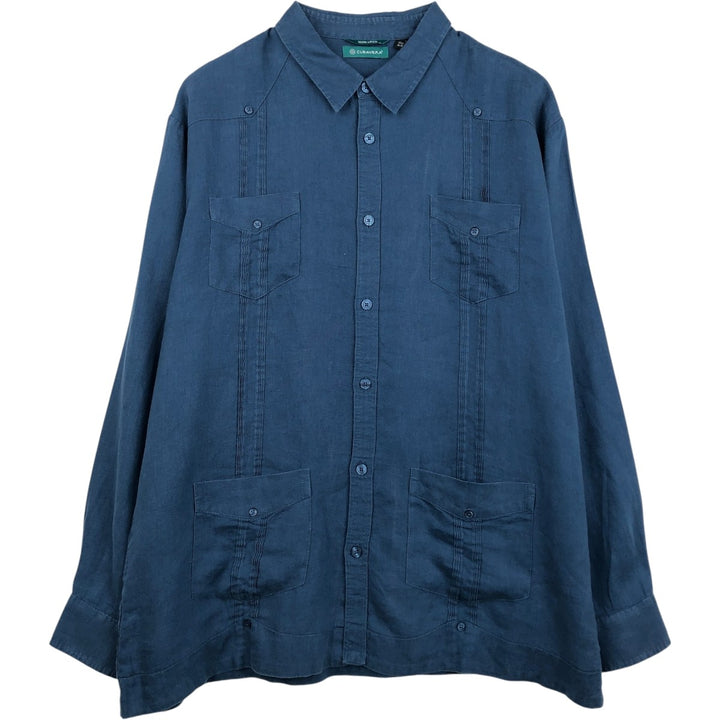 CUBAVERA Long-Sleeve Mexican Shirt, Cuban Shirt, Boxy Shirt, Men's Size XL (approx.) linen Navy blue Vintage Second Hand