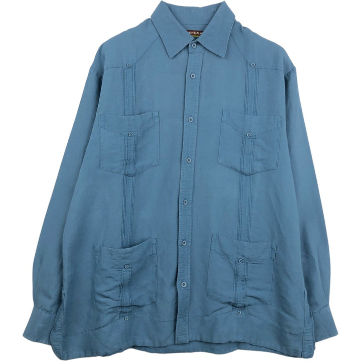 CUBAVERA Long-Sleeve Mexican Shirt, Cuban Shirt, Boxy Shirt, Men's Size L (approx.) Lamy blue type Vintage Second Hand