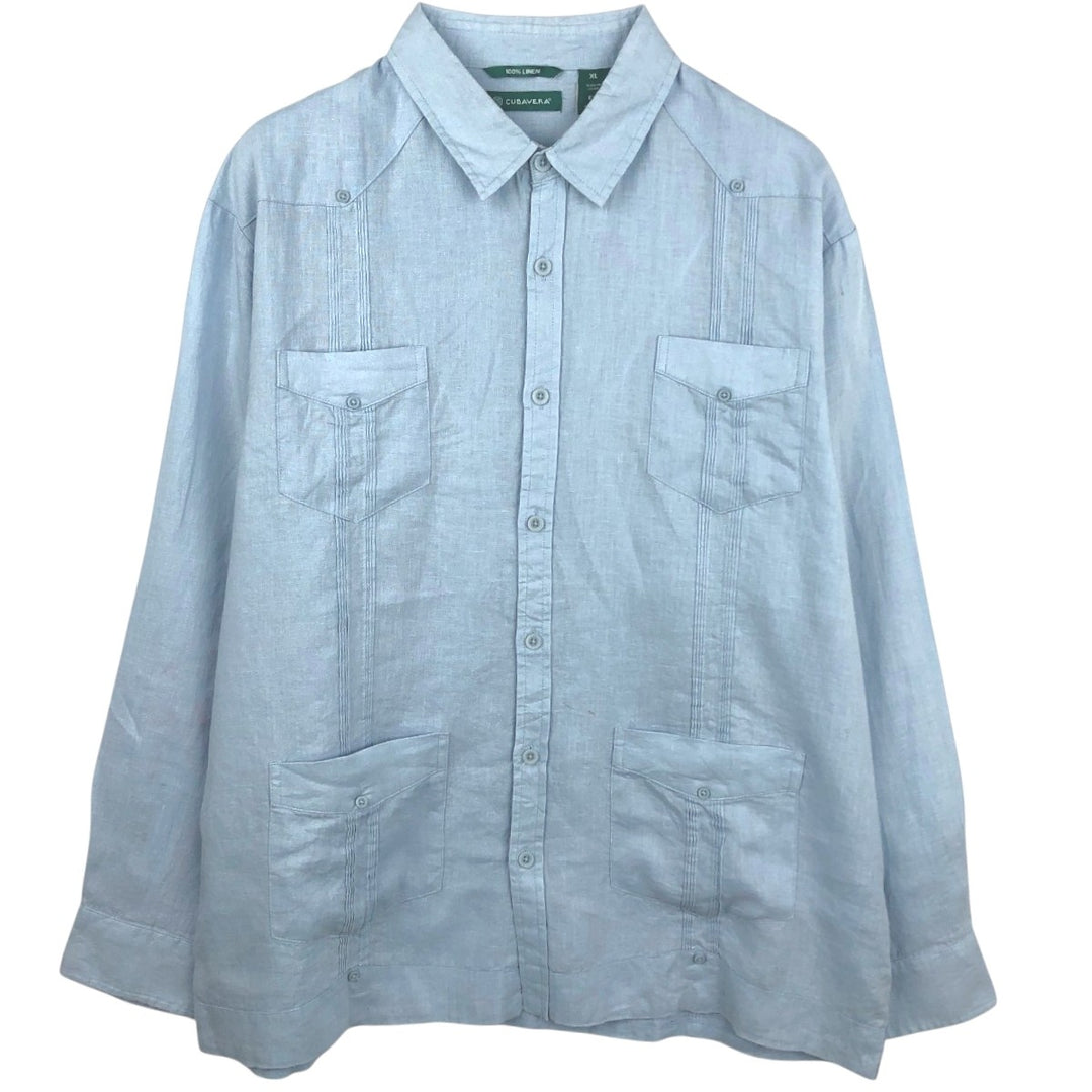 CUBAVERA Long-Sleeve Mexican Shirt, Cuban Shirt, Boxy Shirt, Men's Size XL (approx.) linen Blue type light blue Vintage Second Hand