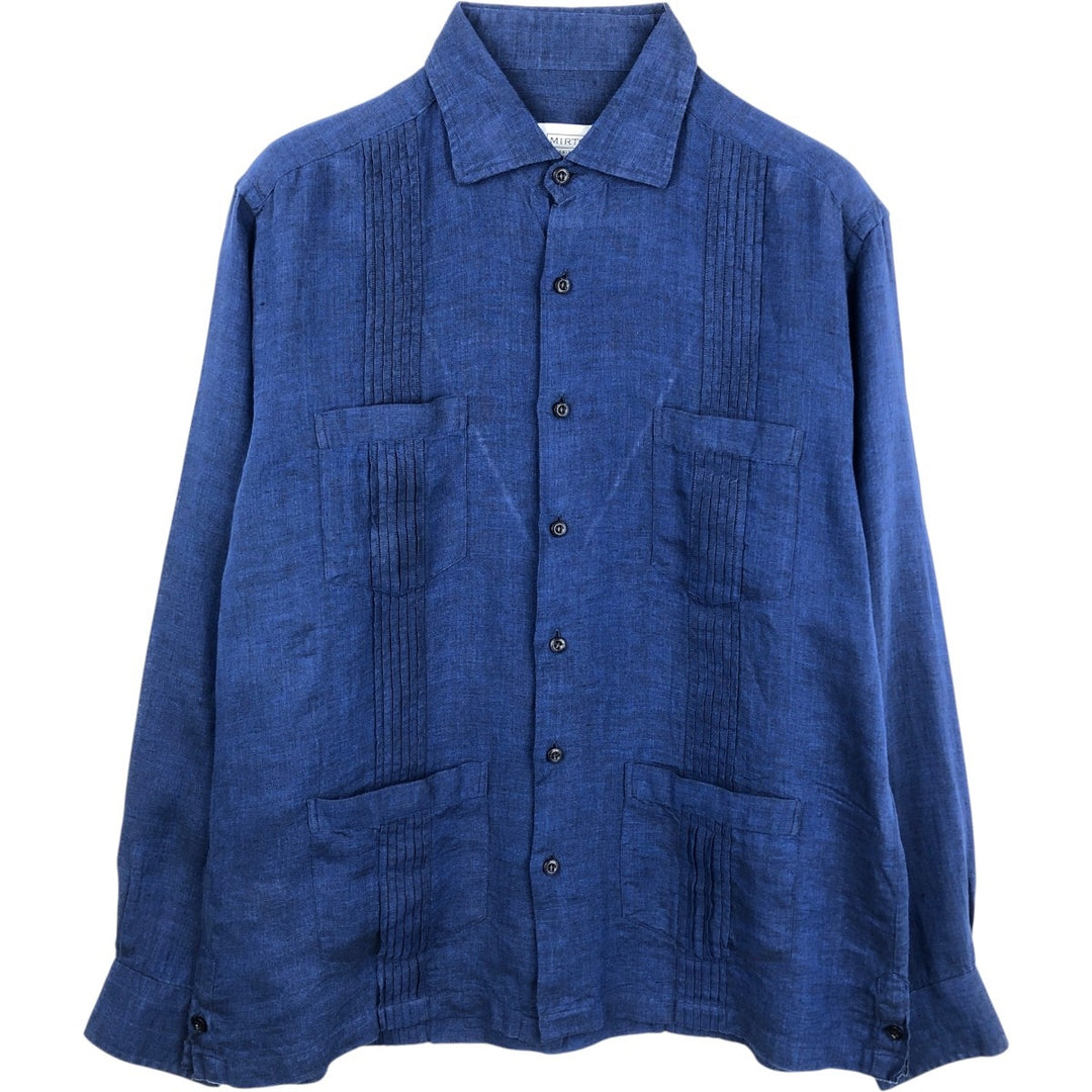 MIRTO CLASSIC LINE Long-Sleeve Mexican Shirt, Cuban Shirt, Boxy Shirt, Men's Size L (approx.) linen Navy blue Vintage Second Hand