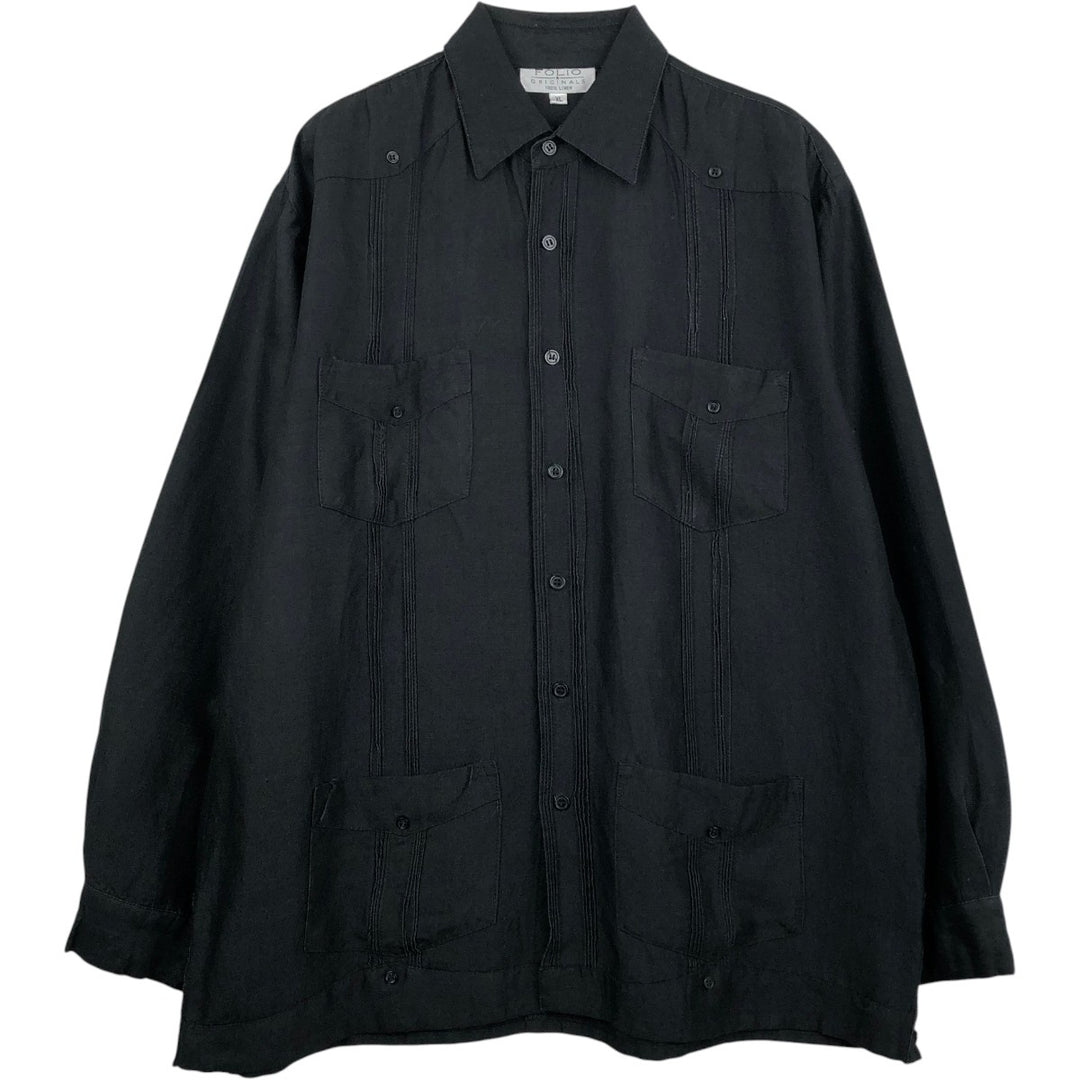 FOLIO Long-Sleeve Mexican Shirt, Cuban Shirt, Boxy Shirt, Men's Size XL linen black type Vintage Second Hand