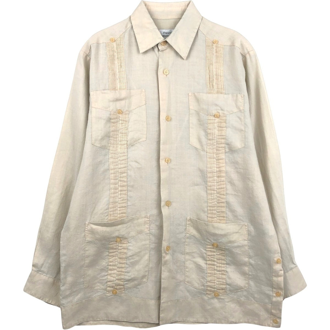 Frescolino Long-Sleeve Mexican Shirt, Cuban Shirt, Boxy Shirt, Men's Size S (approx.) linen unbleached Vintage Second Hand