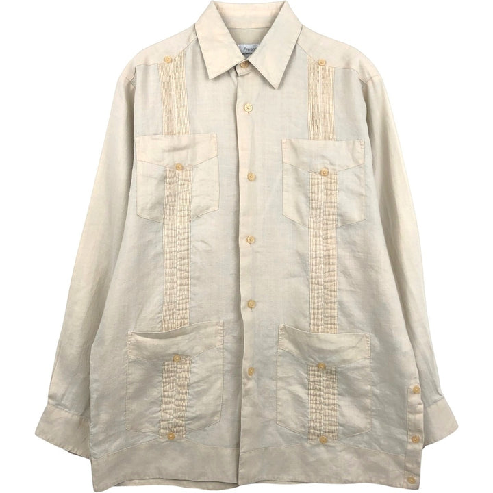 Frescolino Long-Sleeve Mexican Shirt, Cuban Shirt, Boxy Shirt, Men's Size S (approx.) linen unbleached Vintage Second Hand